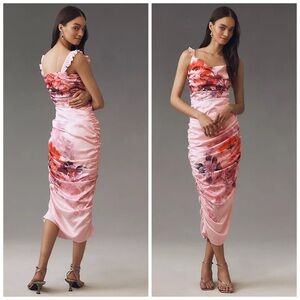 Anthropologie BHLDN Callie Sleeveless Ruched Pink Midi Dress Small Charmeuse